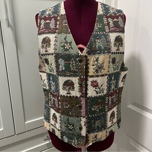 LANA LEE Tapestry Patchwork Lined Vest with Christmas Patterns Brass Buttons